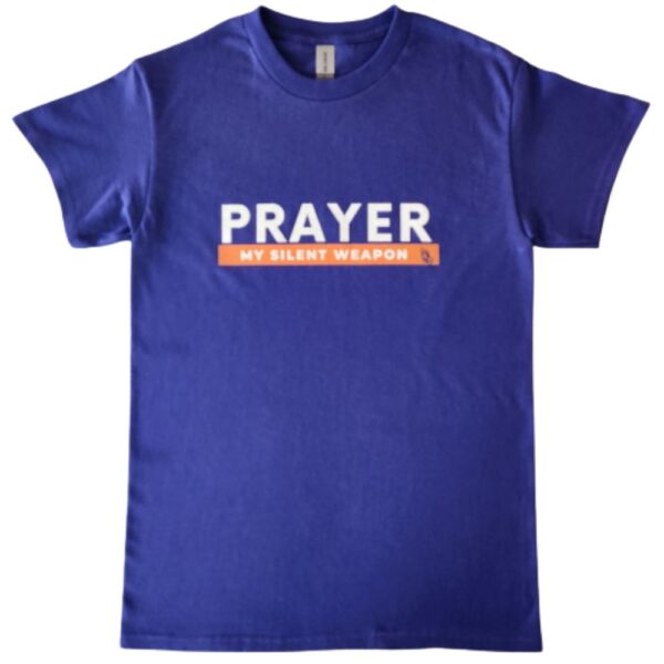 Metro blue unisex T-shirt with Prayer in white letters and My Silent Weapon on an orange background with praying hands in blue