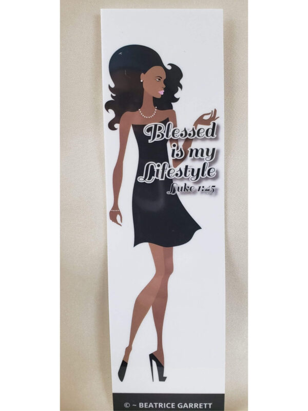 Blessed Lifestyle Laminated Bookmark Timeless Elegance Design black woman in a classic black dress wearing pearl earrings and a necklace featuring the quote Blessed Lifestyle by Beatrice Garrett.