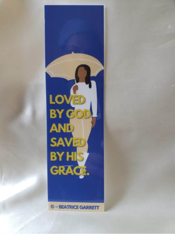 Love and Grace Laminated Bookmark blue background with a faceless figure holding an umbrella walking forward and a quote written in gold about love and grace by Beatrice Garrett.