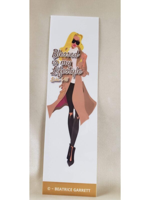 Blessed Lifestyle Laminated Bookmark Casual Chic Design with a black woman in a beige modern coat, ripped black jeans, and sunglasses feature the quote Blessed Lifestyle by Beatrice Garrett and includes the scripture reference Luke 1:45.