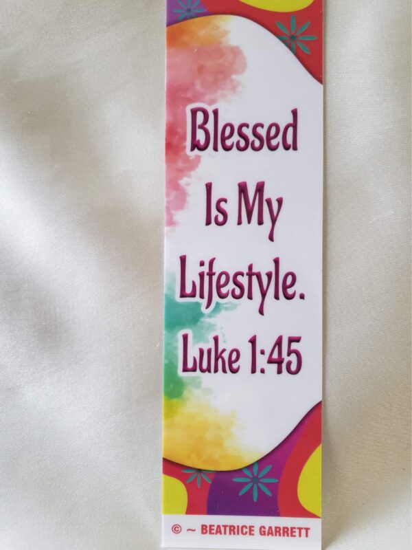 Blessed Lifestyle Laminated Boomark Vibrant watercolor design in red, yellow, and green features the quote Blessed Lifestyle by Beatrice Garrett