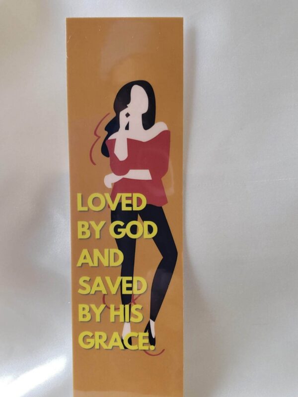 Love and Grace Laminated Bookmark mocha background with a faceless woman figure wearing black leggings and a red top and her elbow resting on her hand with two fingers gently placed on her face and a quote about love and grace by Beatrice Garrett